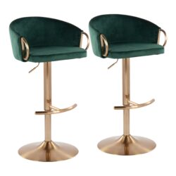 Claire - Contemporary / Glam Adjustable Bar Stool With Rounded T Footrest (Set of 2) - Gold / Green