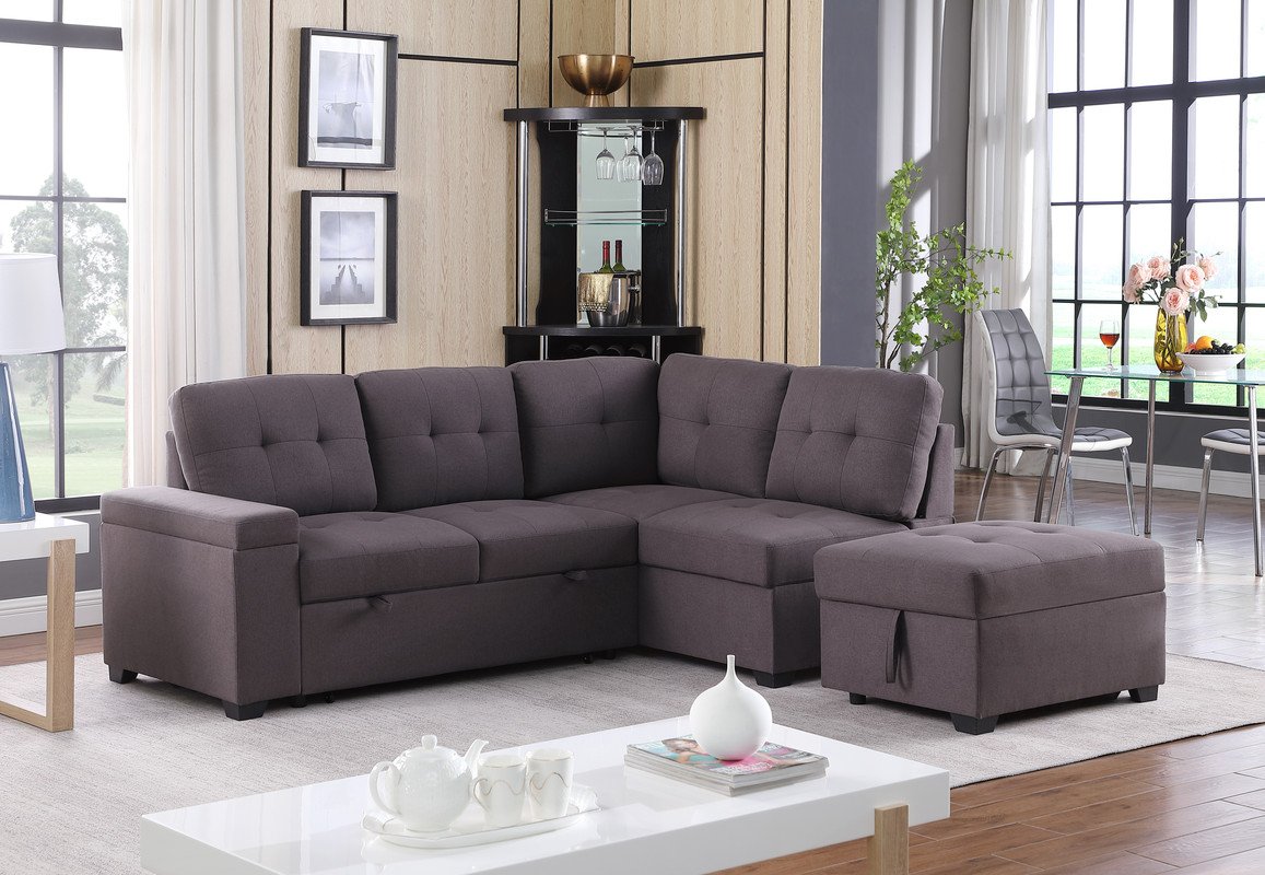 Katie - Linen Sleeper Sectional Sofa With Storage Ottoman, Storage Arm - Brown - Image 2
