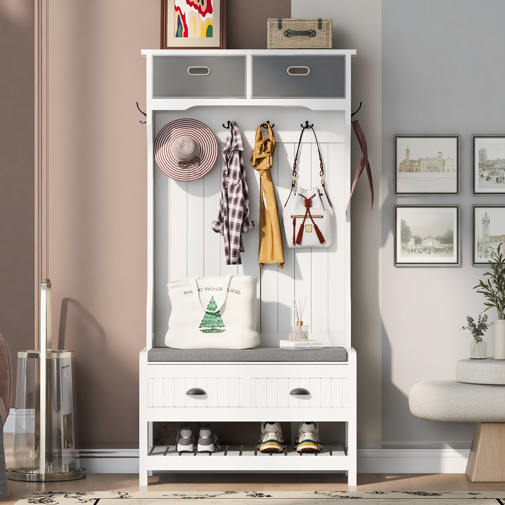 Hall Tree With 6 Hooks And Hinged Lid, Coat Hanger, Entryway Bench, Storage Bench, 3 In 1 Design, For Entrance, Hallway - White - Image 2