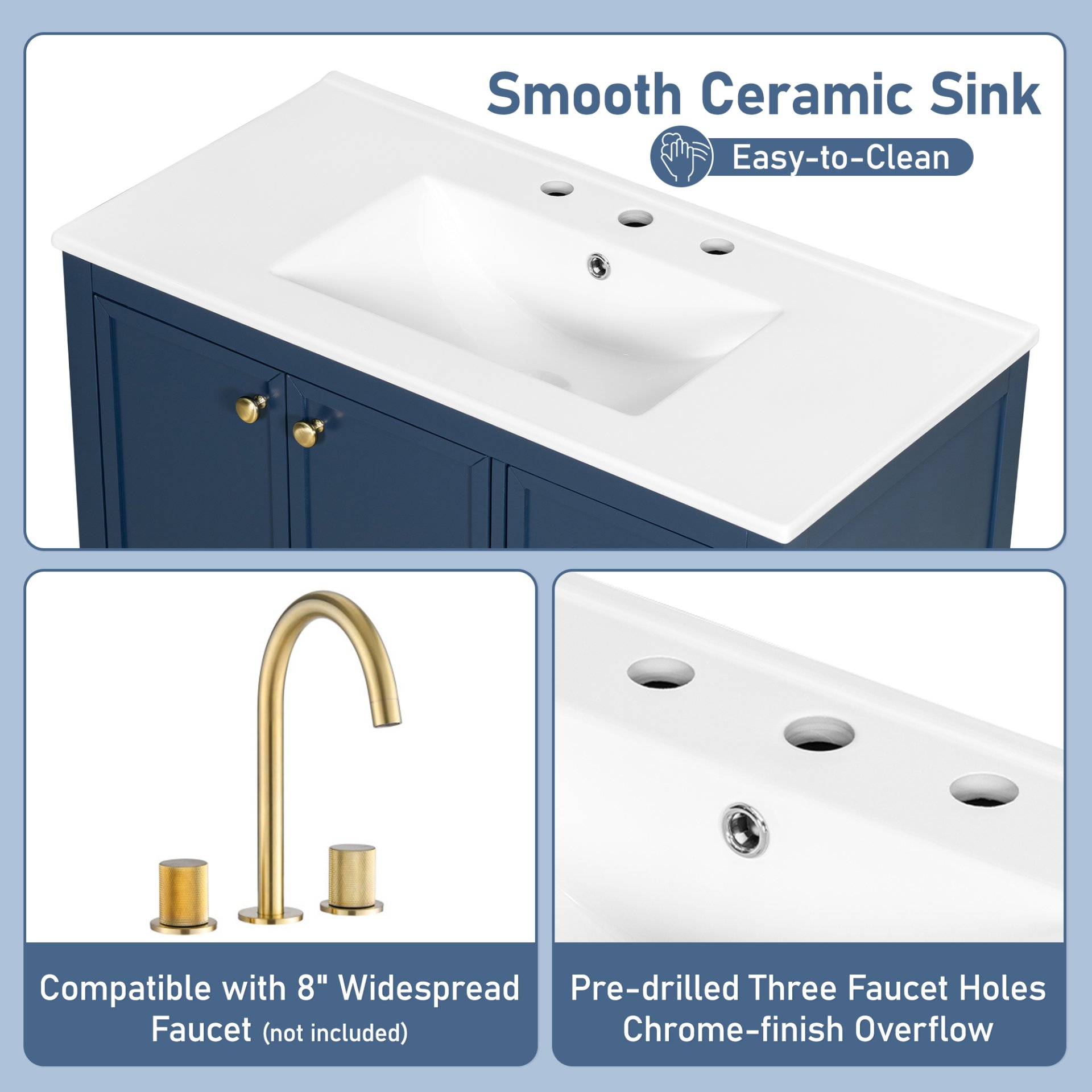 Elegant Vintage 36" Bathroom Vanity With Sink, Soft Closing Door, 4 Drawers Of Different Sizes Frame And Leg - Blue - Image 8