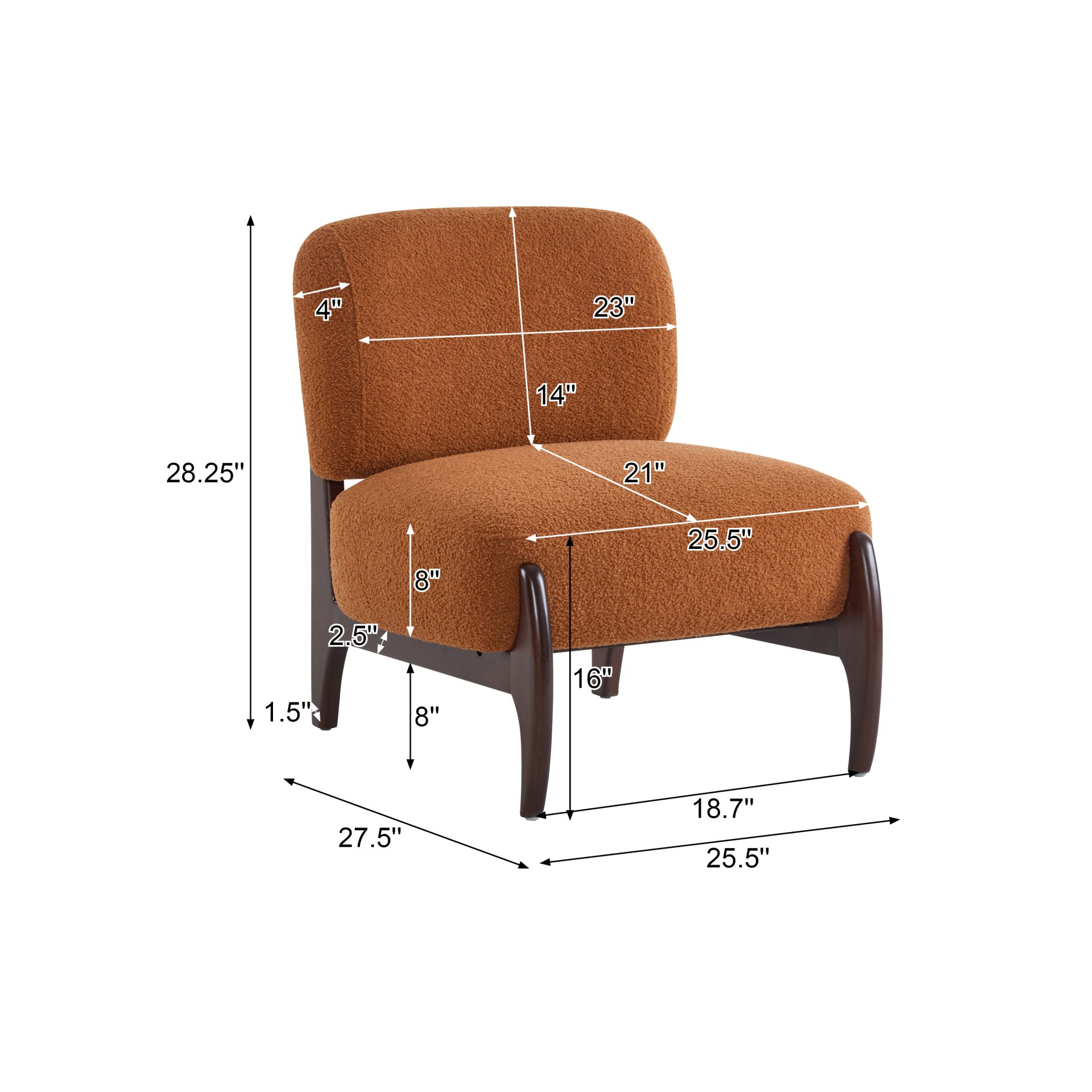 Modern Boucle Lounge Chair With Solid Wood Frame - Orange - Image 3