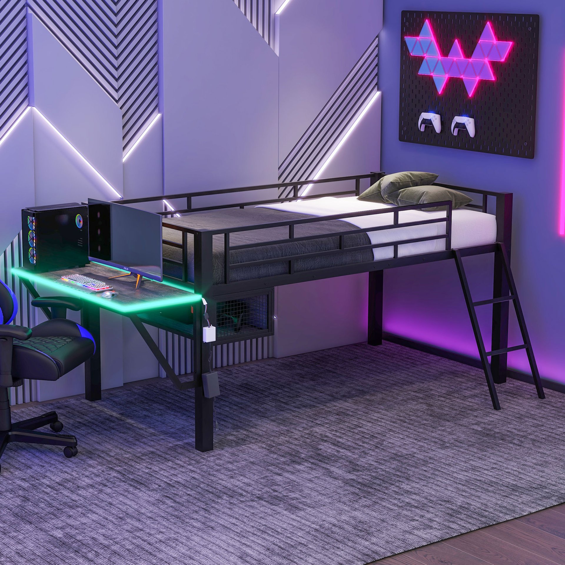 Twin, Esports Inspired Gaming Mid Loft Bed With Desk And LED - Black - Image 2