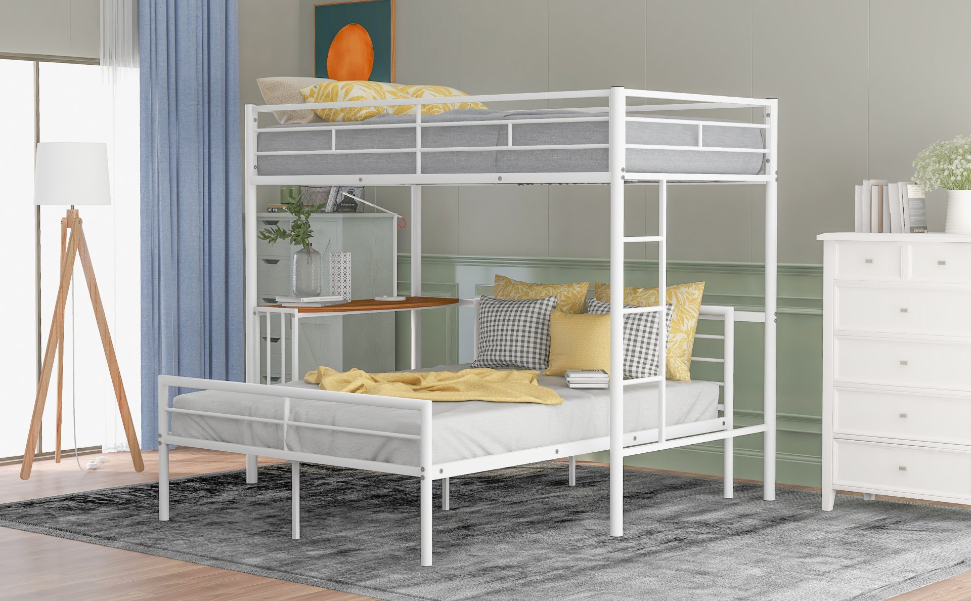 Twin Over Full Metal Bunk Bed With Desk, Ladder And Quality Slats For Bedroom - Metallic White - Image 3