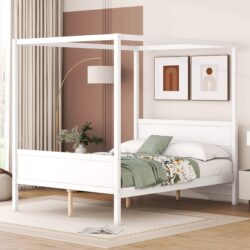 Queen Size Canopy Platform Bed With Headboard And Footboard, Slat Support Leg - White