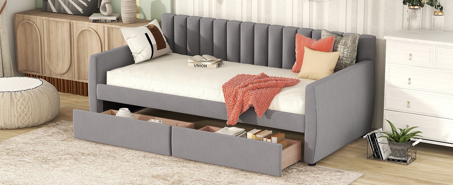 Twin Size Upholstered Daybed & Drawers, Slat Support - Gray - Image 14