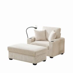 Oversized Chaise Lounge Chair With Ottoman And Storage, Comfy Corduroy Recliner - Beige