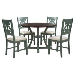 Retro Style 5 Piece Round Dining Table Set With Storage Shelf And Fabric Chairs - Antique Blue / Dark Brown