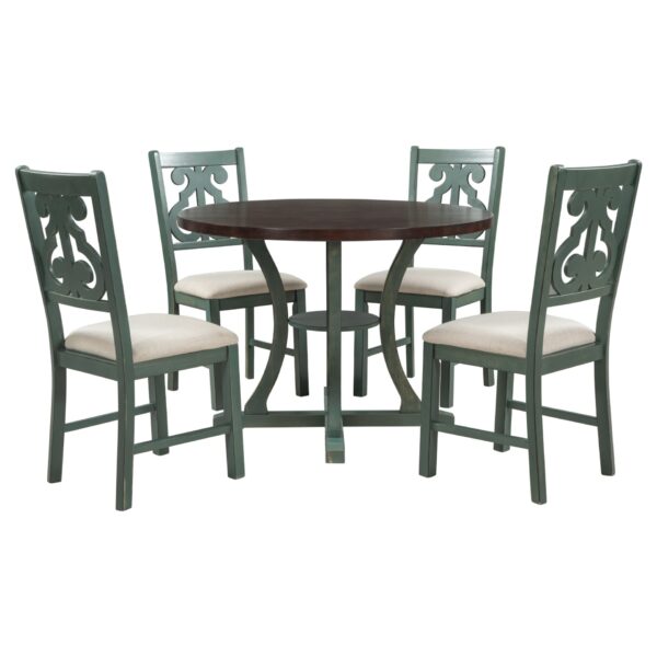 Retro Style 5 Piece Round Dining Table Set With Storage Shelf And Fabric Chairs - Antique Blue / Dark Brown