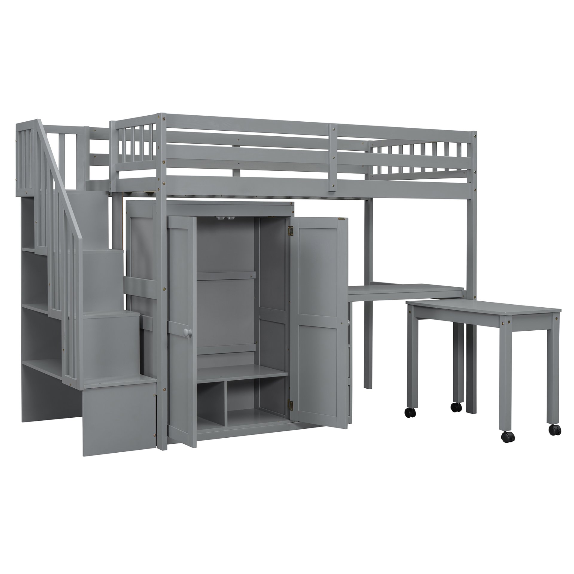 Twin Size Loft Bed With Stairs, Bookshelf, Drawers, Desk & Wardrobe, Space Saving Multifunctional Furniture - Gray - Image 8