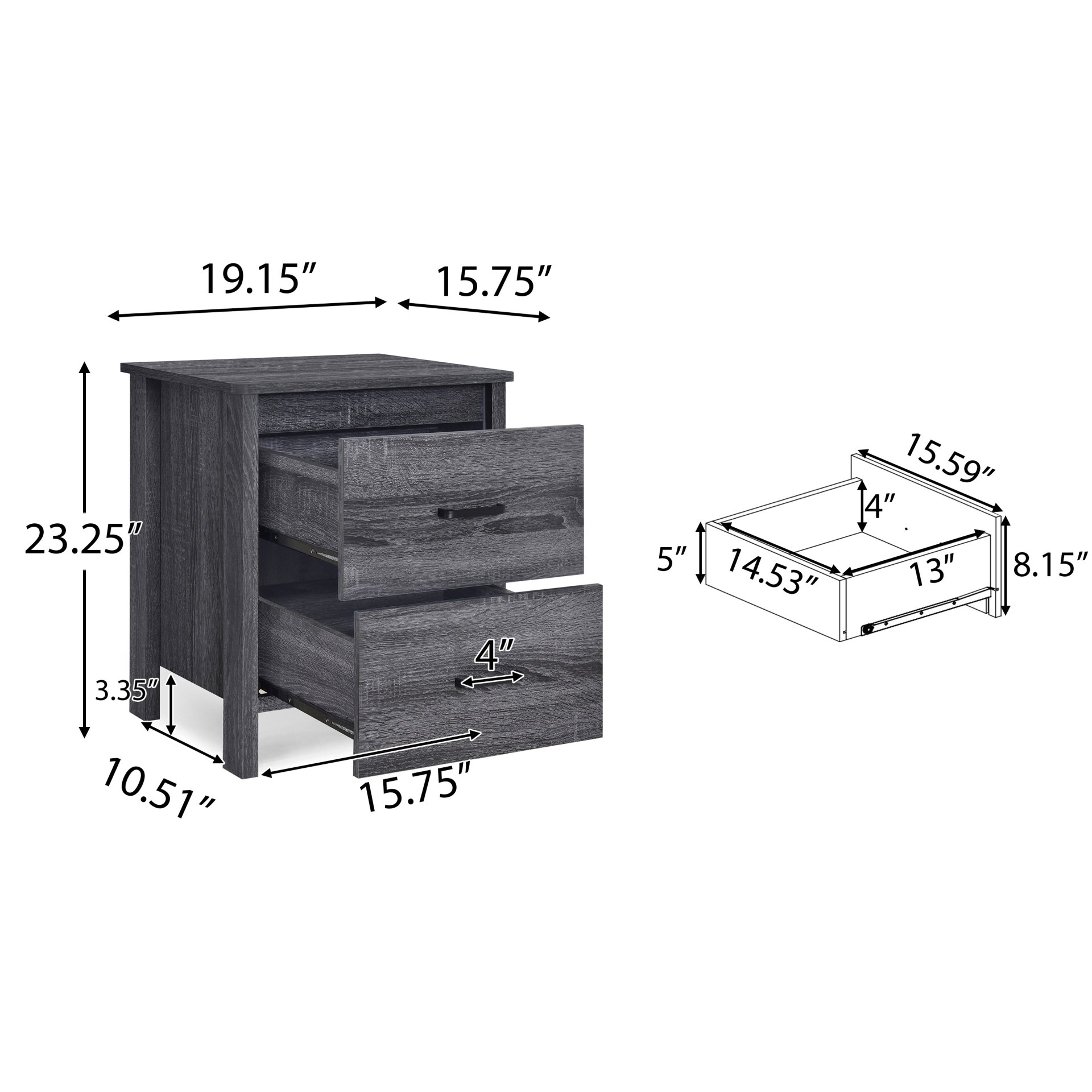 Titeca - Contemporary 2 Drawer Nightstand - Dark Gray - Image 3