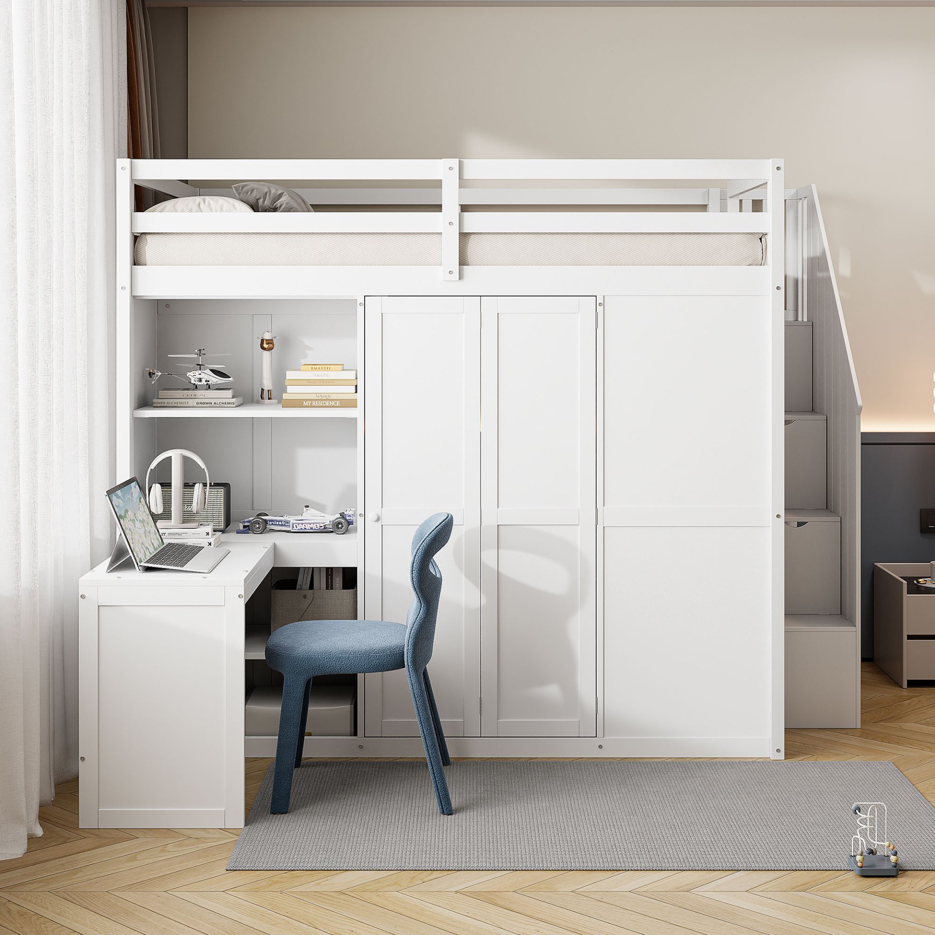 Full Size Loft Bed With Wardrobe, Desk And Shelves - White - Image 2