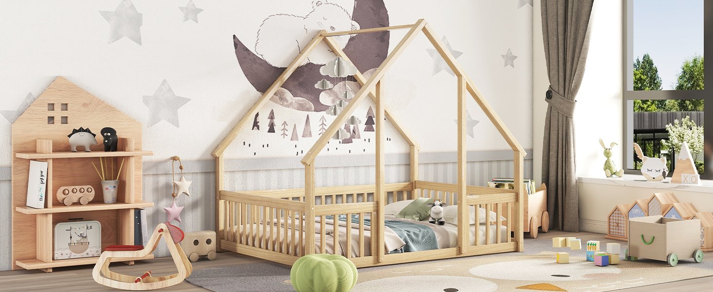Full Wood House-Shaped Floor Bed With Fence, Guardrails - Natural - Image 10