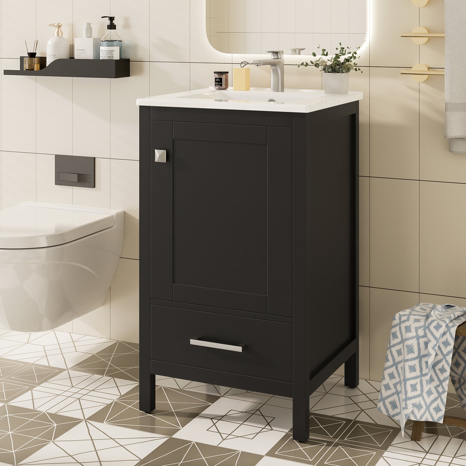 20" Bathroom Vanity With Sink, Soft Close Drawers, Door Organizer, Divider Drawer, Adjustable Foot Pads - Black - Image 4