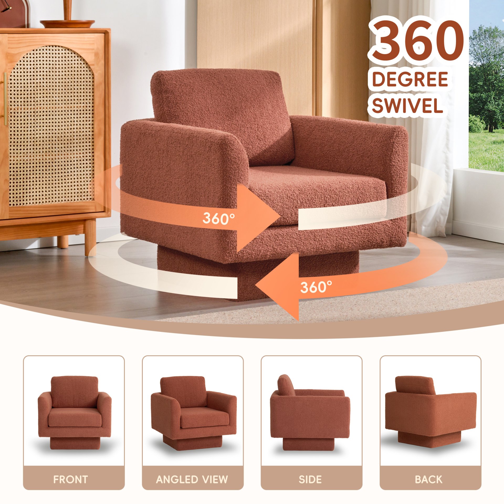 360° Modern Swivel Accent Chair Round Armchair, Thick Padded Single Lounge Sofa Upholstered Comfy - Brick Red - Image 4