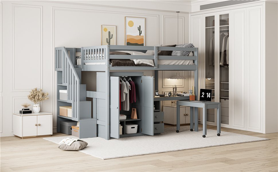 Full Size Loft Bed With Stairs, Bookshelf, Drawers, Desk & Wardrobe, Space Saving Multifunctional Furniture - Gray - Image 25