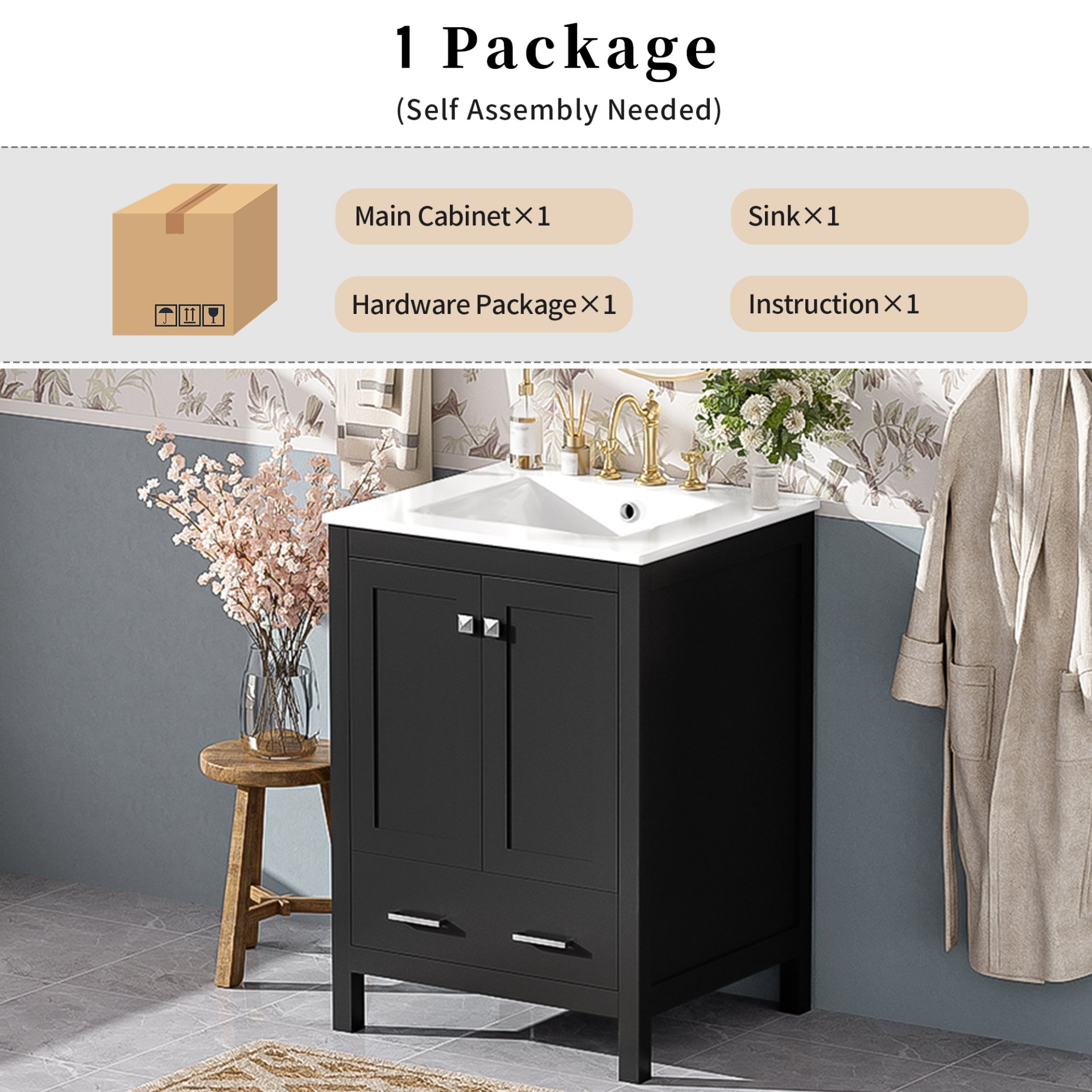 24" Bathroom Vanity With Integrated Undermount Sink, 2 Doors And 1 Drawer, Soft Close Hinges - Black - Image 11