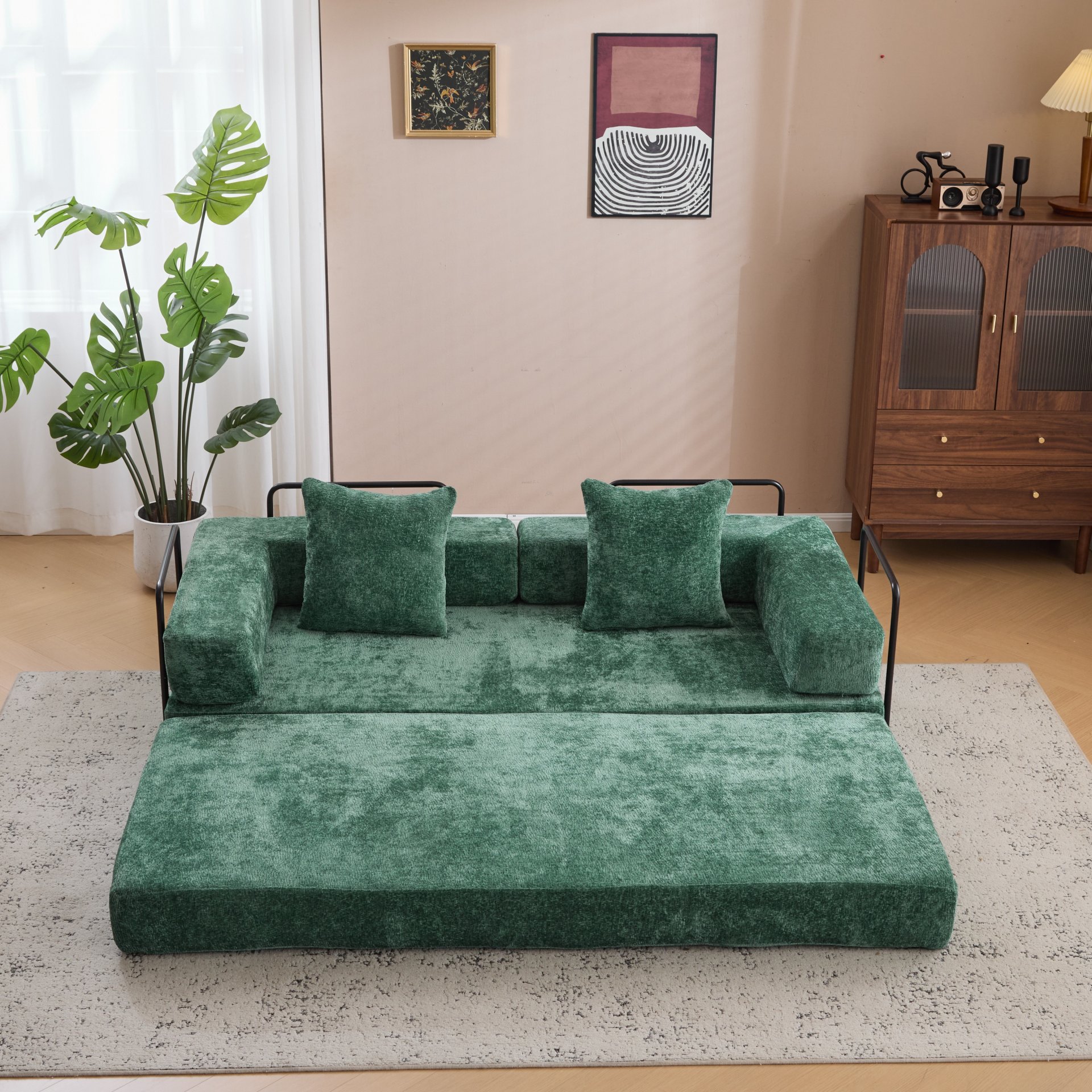 Floor Couch, Compression Sofa, Convertible Floor Sofa Bed & Pillow Back Support Armrest - Dark Green - Image 10