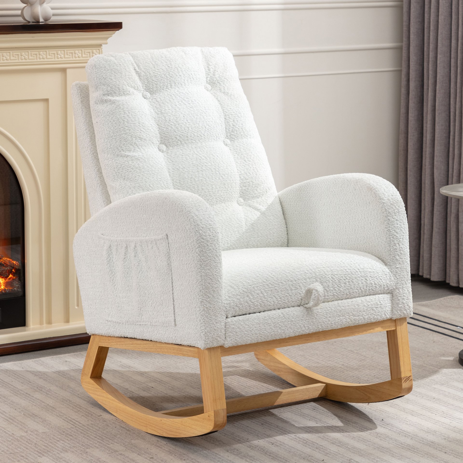 Accent Rocking Chair With Footrest High Back Rubber Wood Rocking Legs Bedroom Living Space - White - Image 9