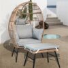 Outdoor Garden Wicker Egg Chair And Footstool Patio Chaise, With Cushions, Outdoor Indoor Basket Chair - Blue / Neutral - Image 3