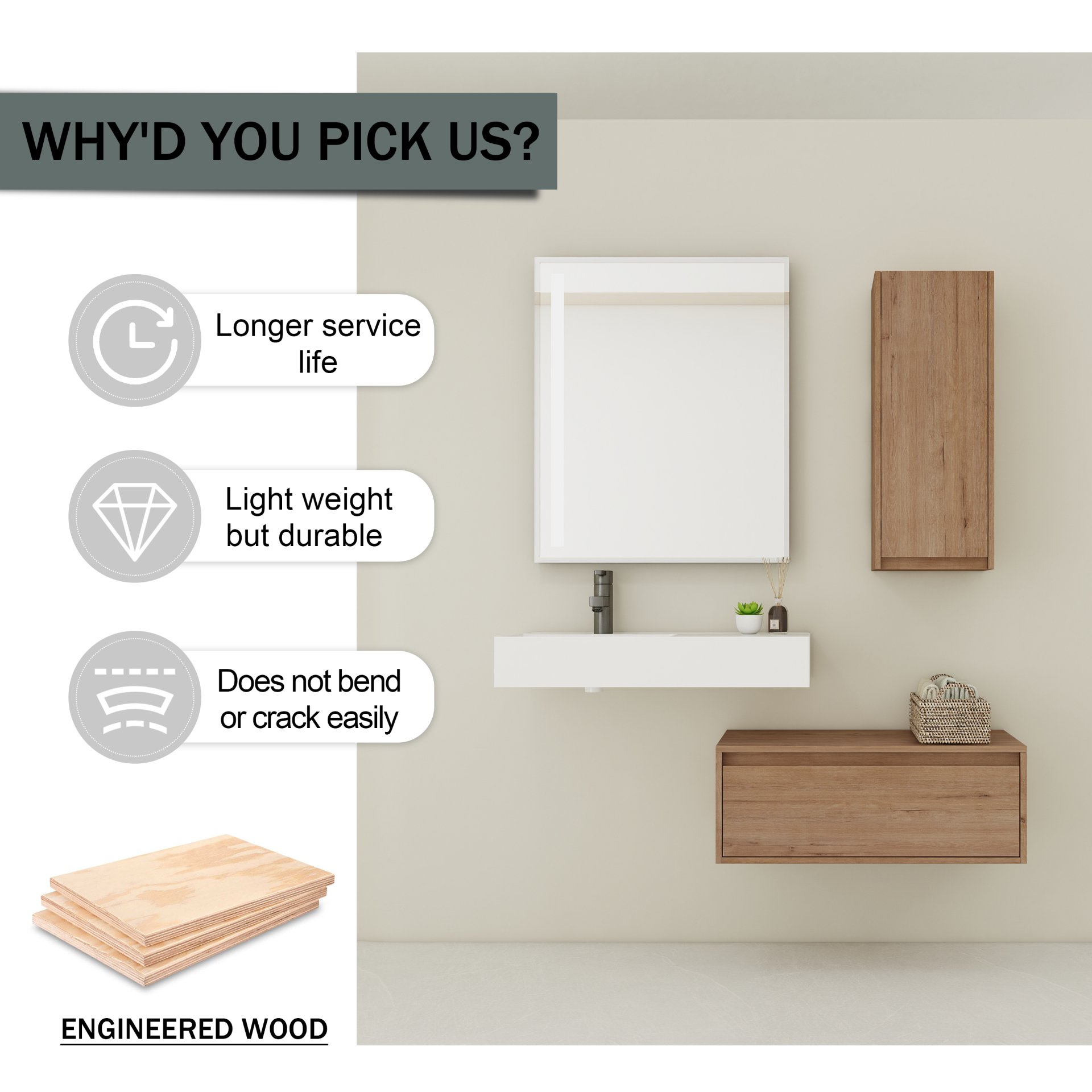 Modern Wall Mounted Bathroom Vanity With Resin Sink And Side Cabinet, Soft Close Drawer, Imitative - Imitative Oak - Image 5
