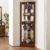 Corner Curio Dispaly Cabinet With Lights, Adjustable Tempered Glass Shelves, Mirrored Back (E26 Light Bulb Not Included) - Walnut - Image 4