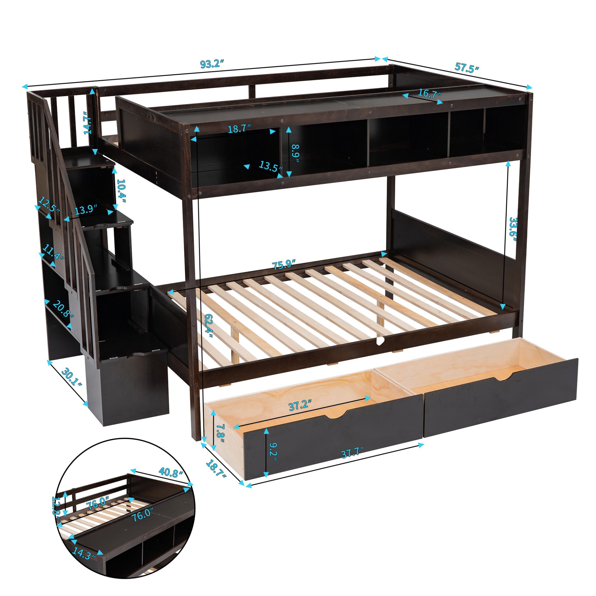 Twin Over Full Bunk Bed With Shelfs, Storage Staircase And 2 Drawers - Espresso - Image 10
