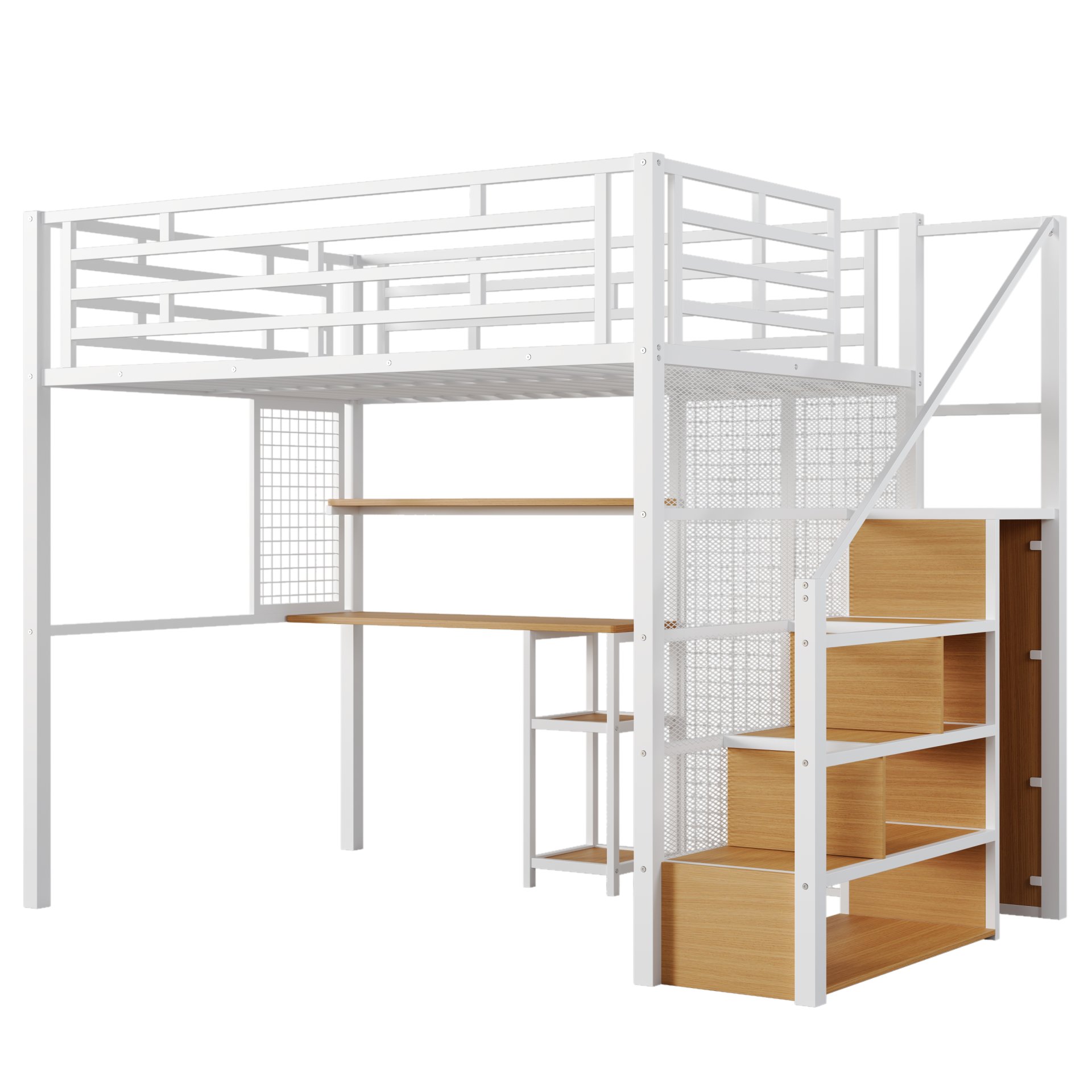 Full Size Metal Loft Bed With Wardrobe, Desk, Storage Shelves - White - Image 12