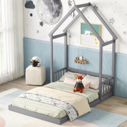 Full Roof Framed Headboard Floor Bed With Headboard Guardrails, Without Slats - Gray