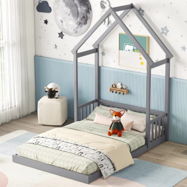 Full Roof Framed Headboard Floor Bed With Headboard Guardrails, Without Slats - Gray