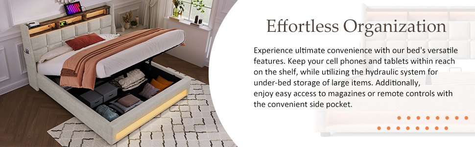 Full Size Upholstered Platform Bed With A Hydraulic Storage System, LED And USB Charging (Without Mattress) - Natural - Image 17