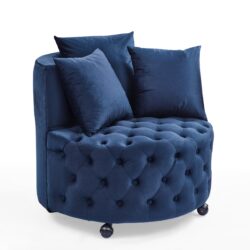Velvet Upholstered Swivel Chair With Button Tufted Design, Including 3 Pillows And Movable Wheels - Blue