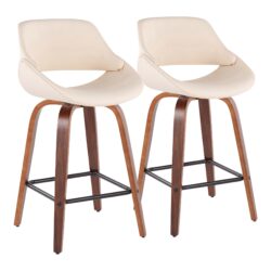 Fabrico - Mid-Century Modern Fixed Height Counter Stool With Square Footrest (Set of 2) - Walnut / Cream
