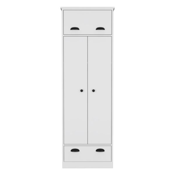 Dresser Closet With Upper Storage Covered With 1 Door, 2 Central Shelves, 1 Tube For Hanging Clothes Covered By 2 Doors, 1 Drawer At The Bottom - White