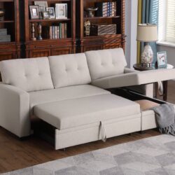 Upholstered Pull Out Sectional Sofa & Chaise - Beige