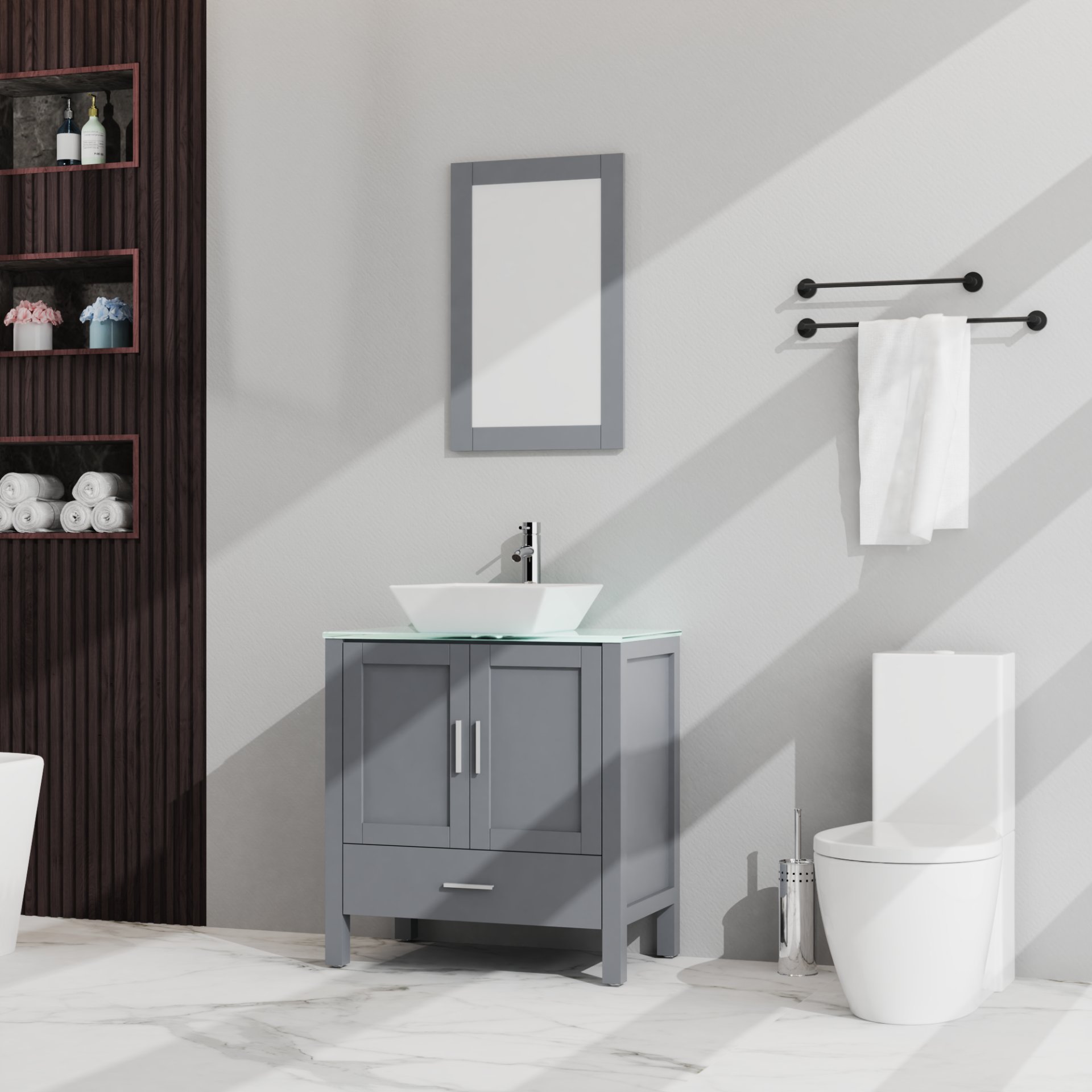 Bathroom Vanity And Sink Combo Glass Top Cabinet With Mirror - Gray - Image 2