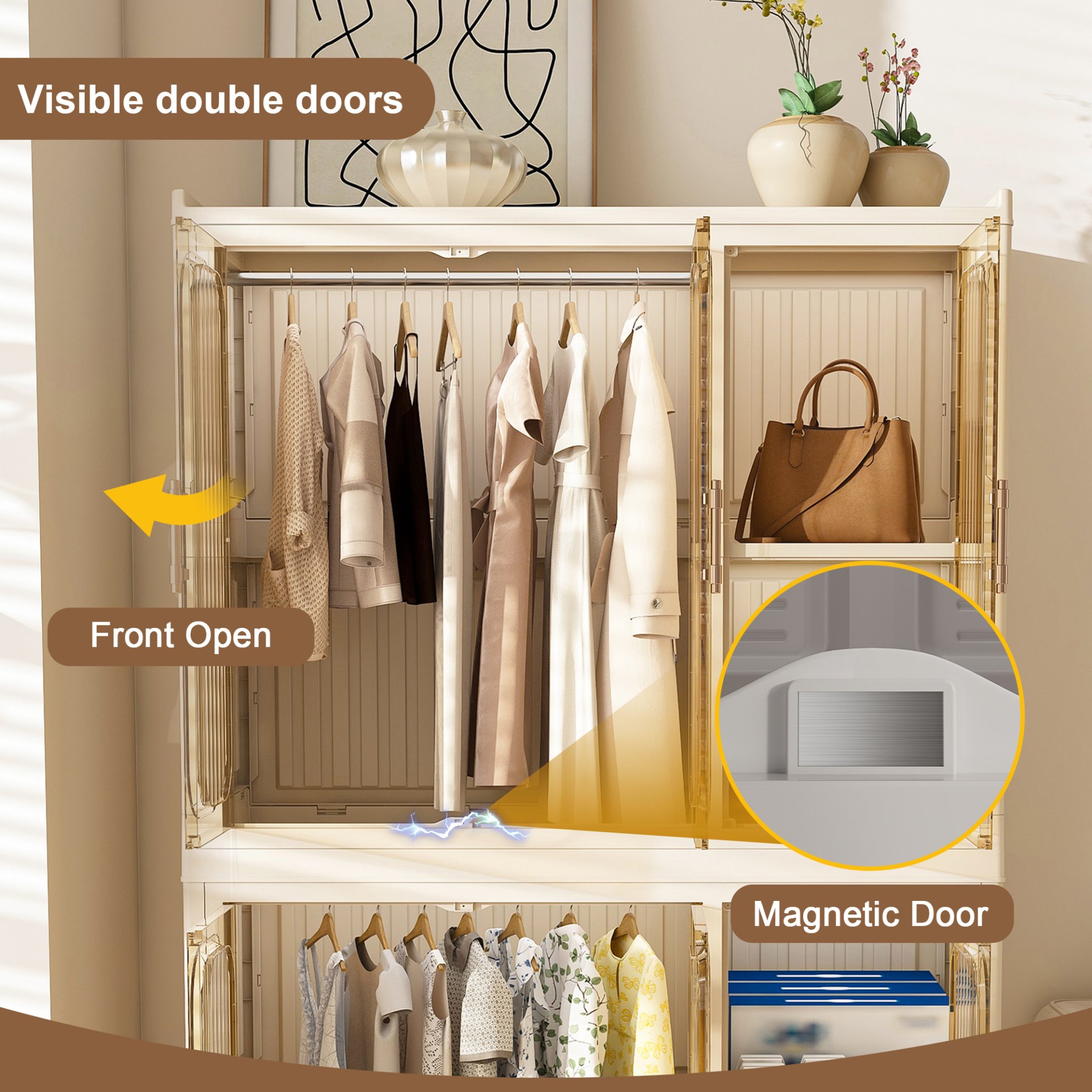 Portable Wardrobe Closet Storage Organizer For Clothes, 6 Magnetic Doors With 6 Cubes & 2 Hanging Rods, 6 Hangers - Cream White - Image 8