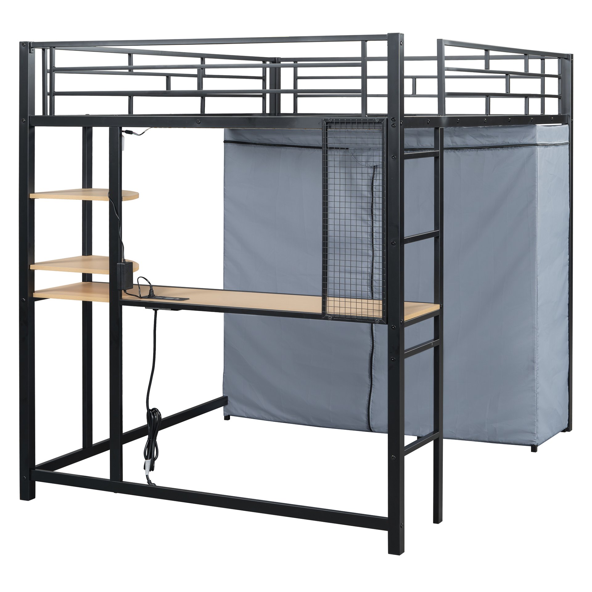 Full Size Loft Bed With Desk, Shelves, Power Outlet, LED Light And Wardrobe - Black - Image 23