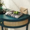 Boho Rattan Semi Circle End Table With Sliding Rattan Door, Elegant Entryway Console With Storage And Bottom Shelf - Antique Green - Image 8