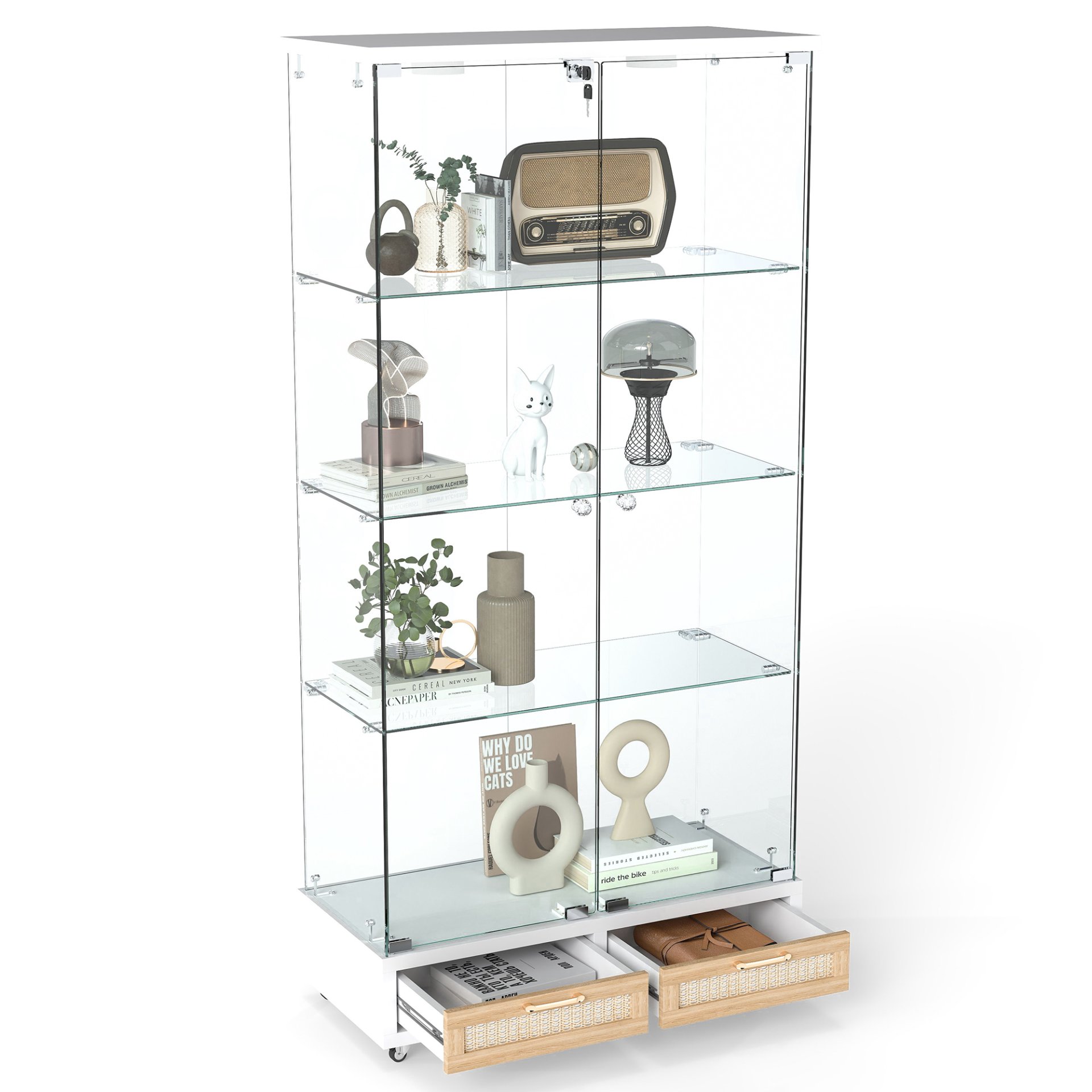 Glass Display Cabinet With LED Lights, Tempered Glass Doors, Large Drawers, 2 Door Storage Case With 4 Shelves - Natural / White - Image 13