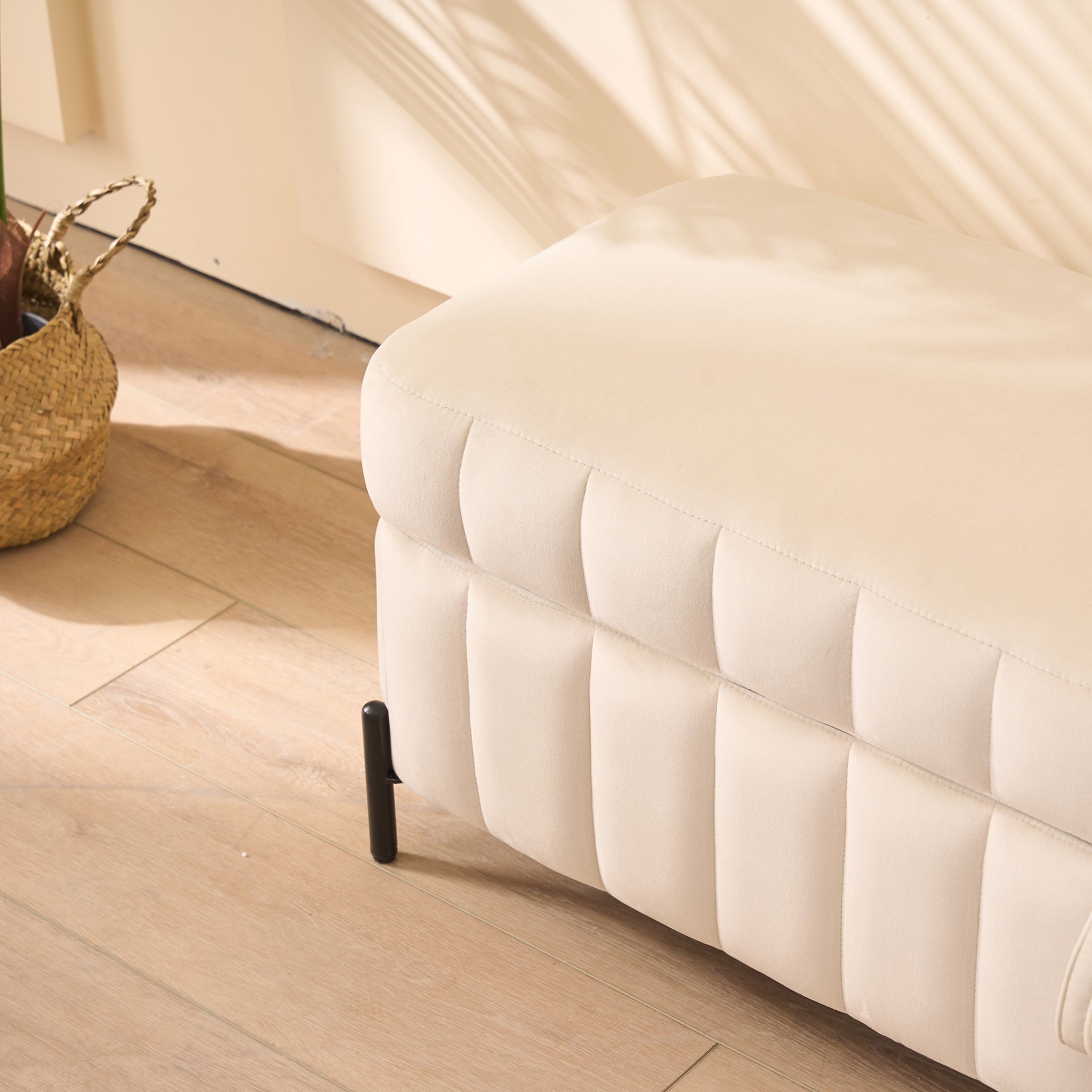 Wide Upholstered Velvet Storage Soft Bench Footstool Ottoman End Of Bed With Metal Legs, Foot Rest For Living Room, Entryway And Bedroom - Beige - Image 6