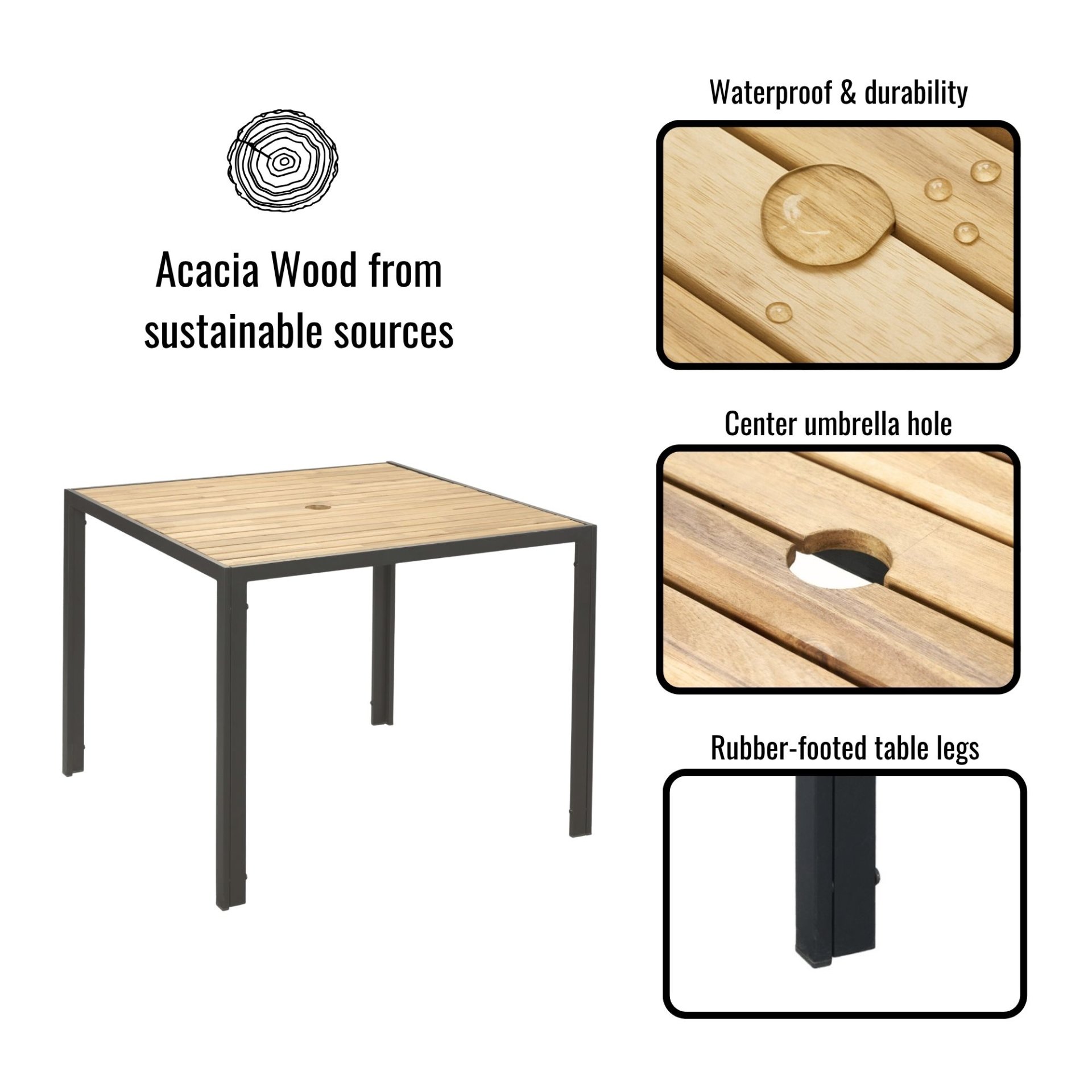 All Weather 5 Piece Patio Dining Table Sets With Acacia Wood Top And Umbrella Hole, Rattan Outdoor - Light Gray - Image 4