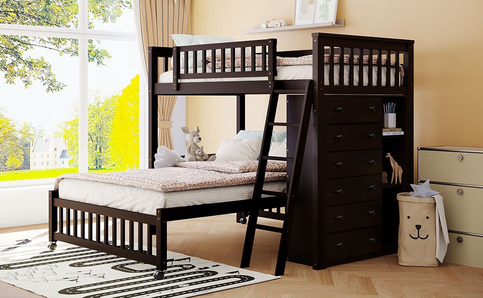 Twin Over Full Bunk Bed With 6 Drawers And Flexible Shelves, Bottom Bed With Wheels - Espresso - Image 3