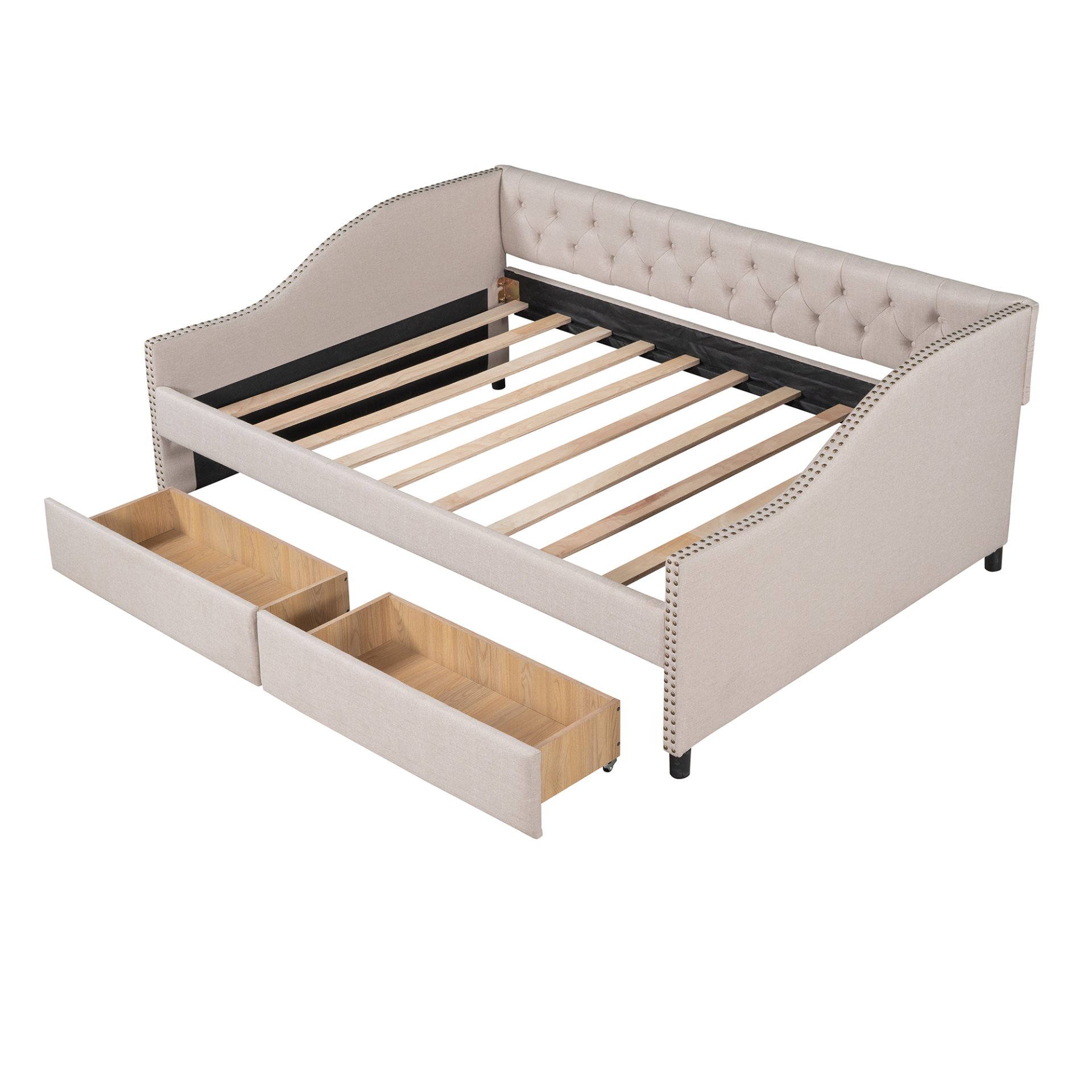 Full Size Upholstered Daybed With Two Drawers, Slat Support - Beige - Image 4