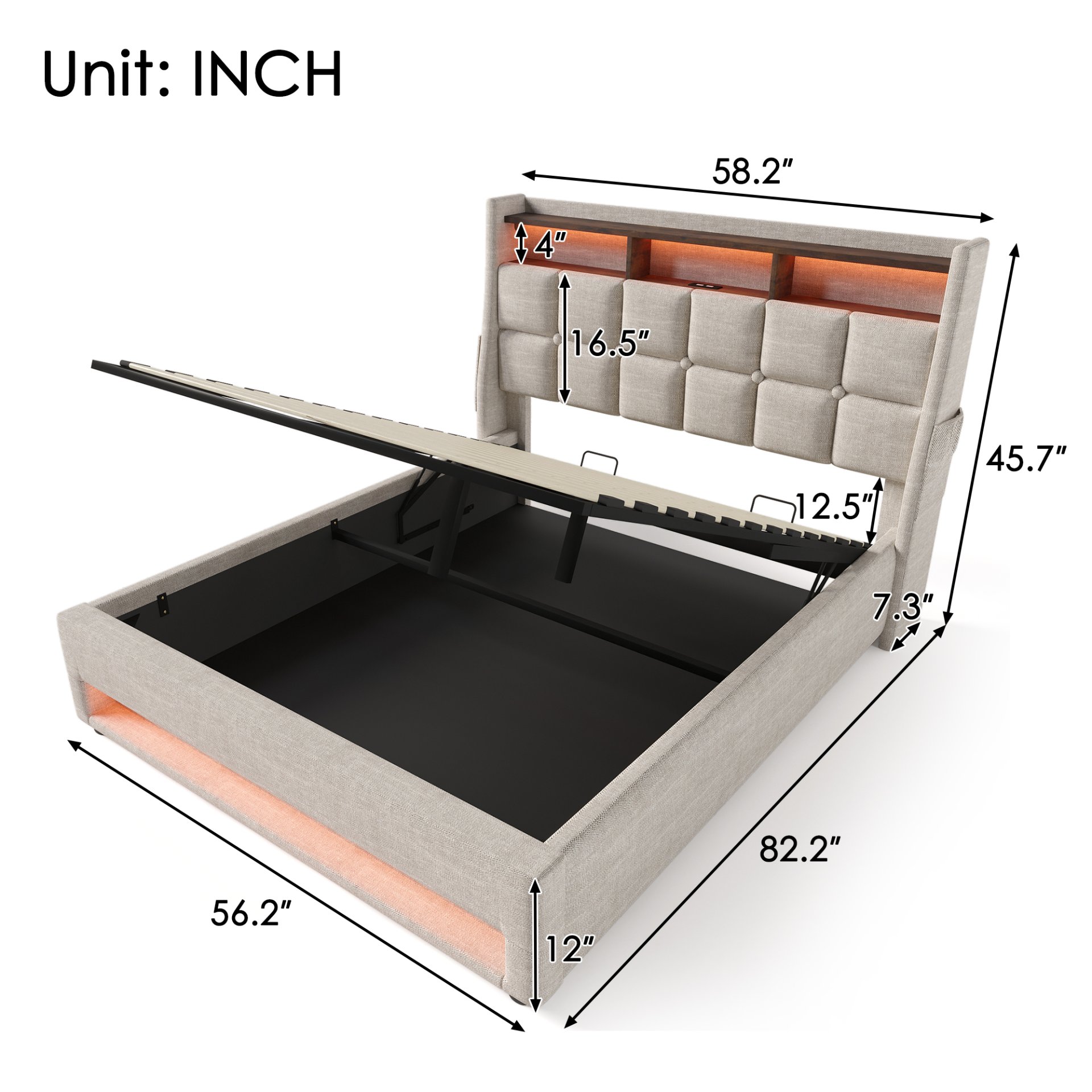 Full Size Upholstered Platform Bed With A Hydraulic Storage System, LED And USB Charging (Without Mattress) - Natural - Image 24