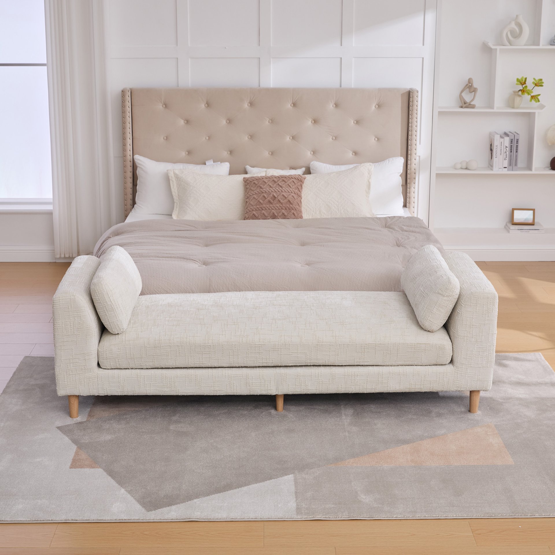 Modern Upholstered End Of Bed Bench With Armrests, Chenille Chaise Lounge Couch With Bolster Pillows, Rubberwood Legs - Beige - Image 4