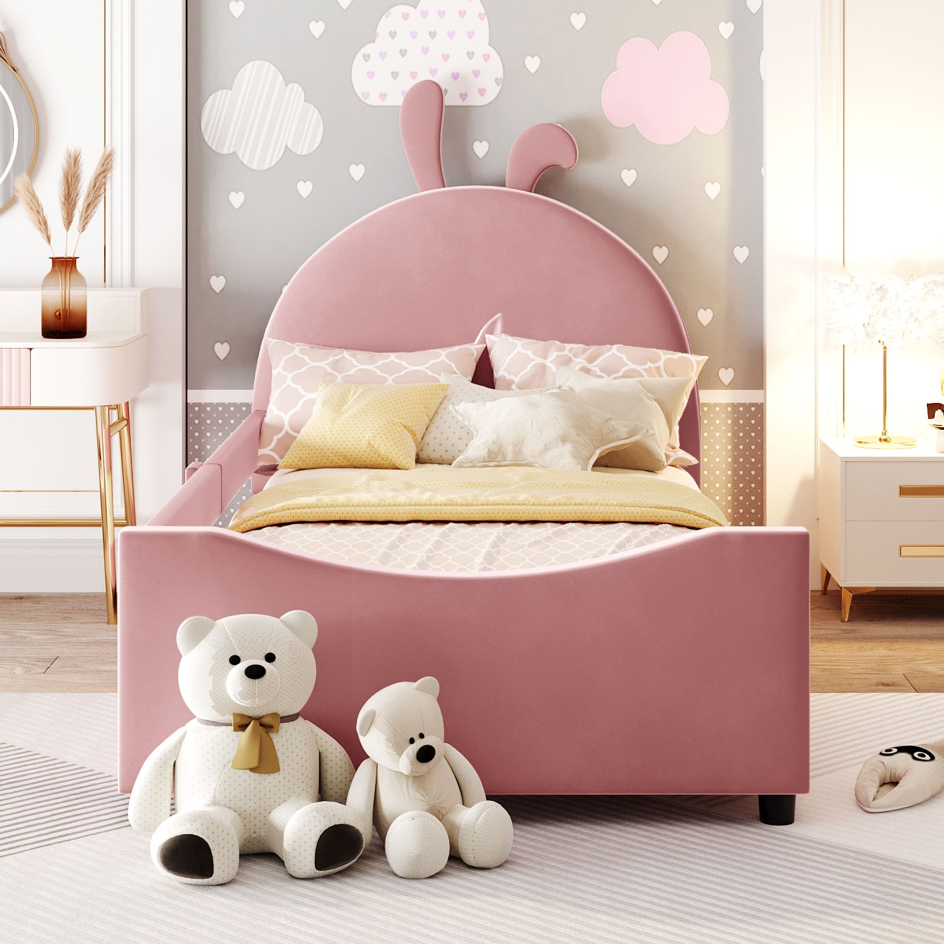 Twin Size Upholstered Daybed With Rabbit Ear Shaped Headboard - Pink - Image 2