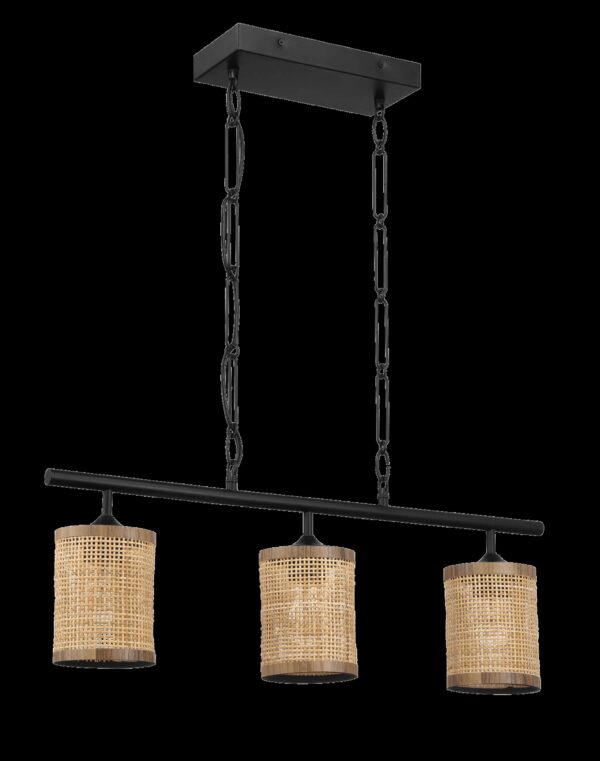 Elysian - 3 Lights Island With Natural Shade Farmhouse Chain Ceiling Lamp - Black / Rattan