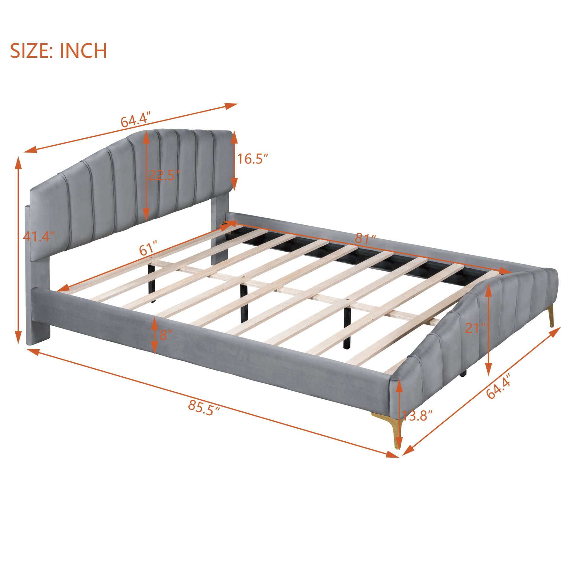 Queen Size Platform Bed With Thick, Stylish Stripe Decorated Bedboard And Elegant Leg - Gray - Image 6