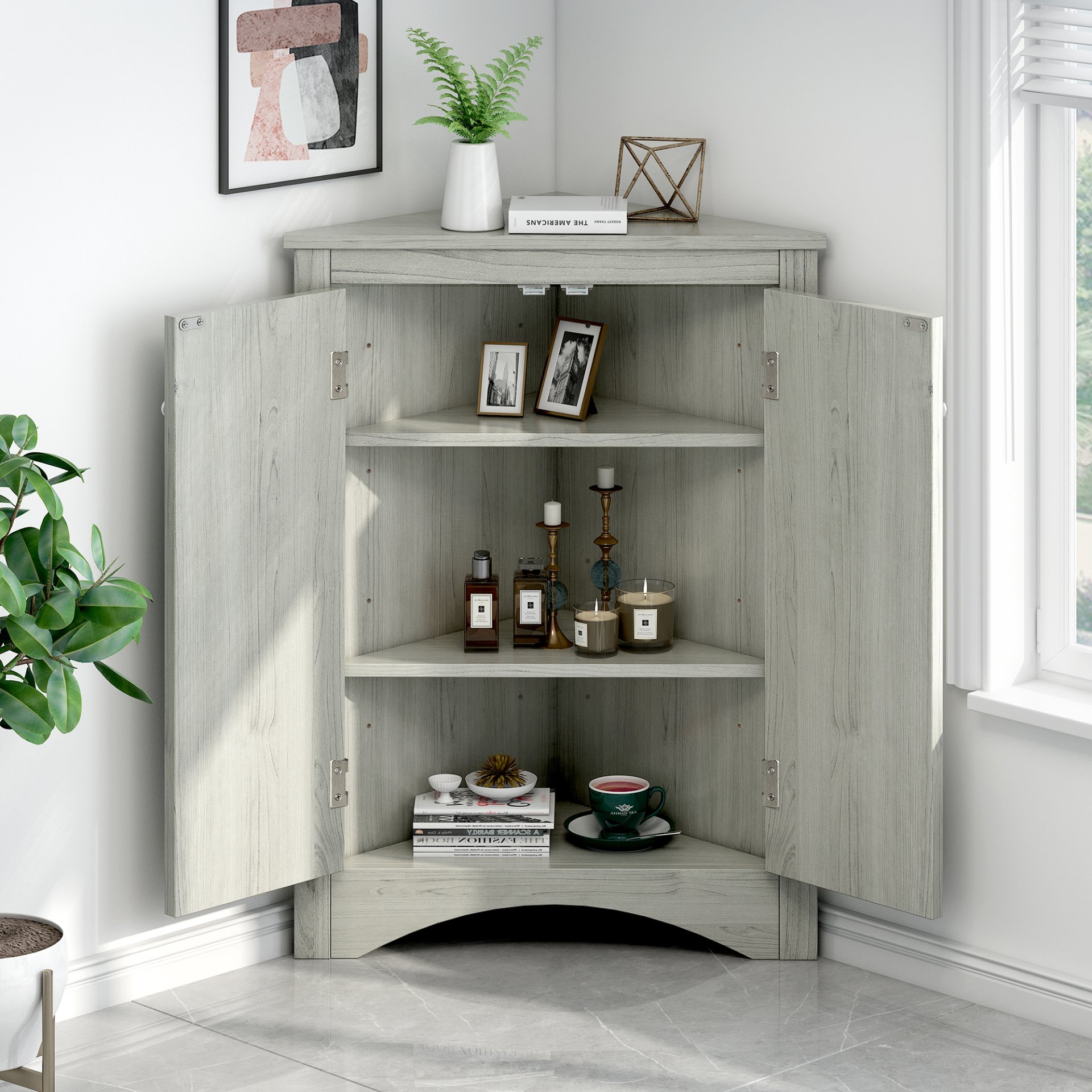 Triangle Bathroom Storage Cabinet With Adjustable Shelves, Freestanding Floor Cabinet For Home Kitchen - Oak - Image 5