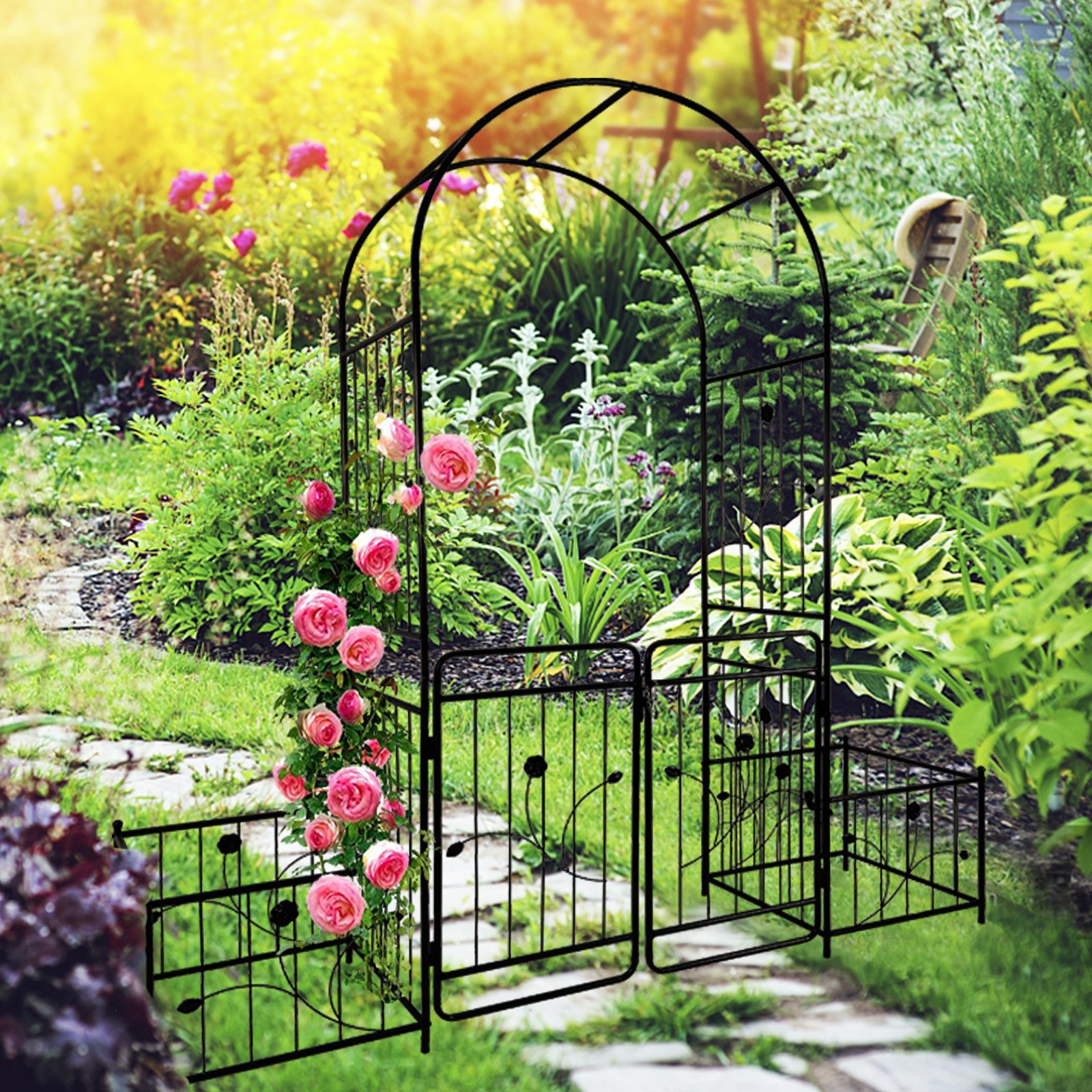 Metal Garden Arch With Gate Wide High Climbing Plants Support Rose Arch Outdoor - Black - Image 7